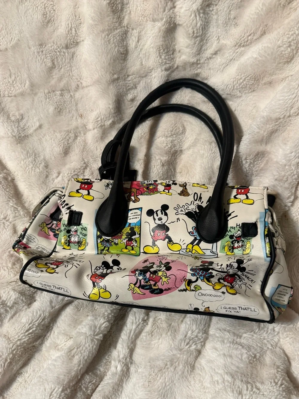 Disney White Cartoon Print Satchel with Black Handles and Pink Accents